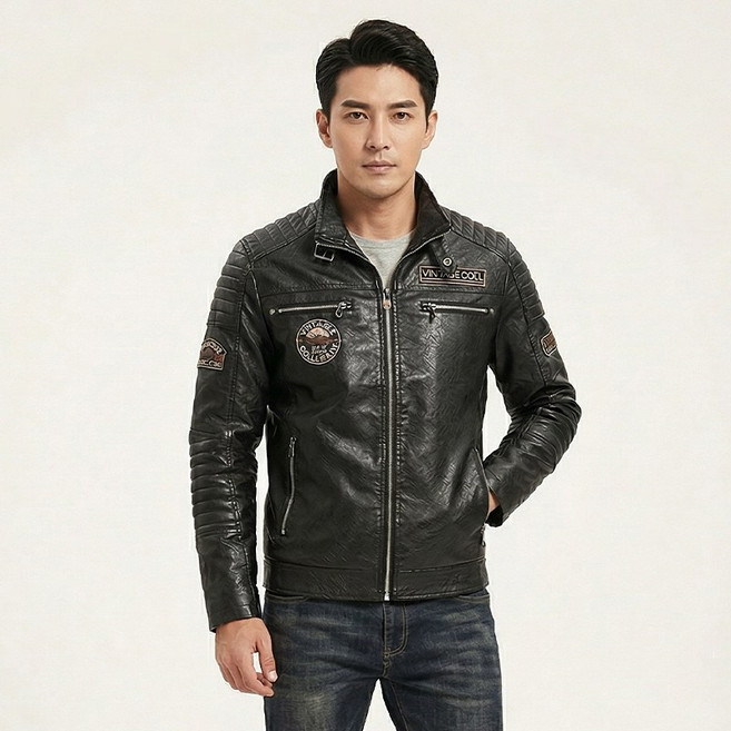 남성용 빈티지 레더 라이더 자켓 패치 디테일 가죽 잠바 바이크 가을 외투 6693