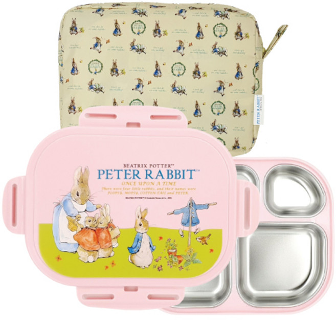 피터래빗 잠금형 기능성 안전 이중 스텐 도시락 세트, 핑크, 뚜껑 + 식판 + 방수가방, 1세트