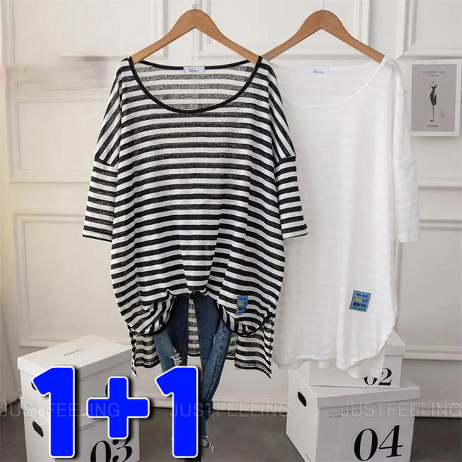 빅사이즈 여름 반팔 티셔츠 라운드 박시티 스트라이프 트임 롱티 여성용 쿨티 JUSTFEELING