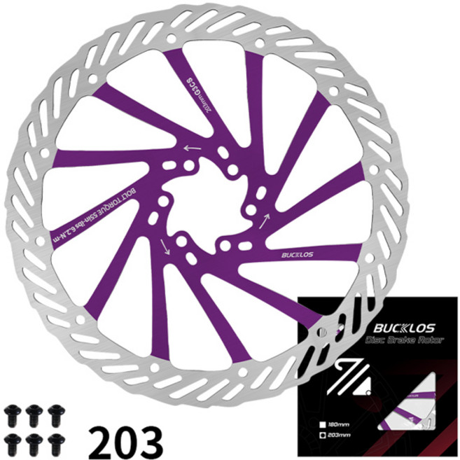 자전거 브레이크 패드 BUCKLOS 초경량 MTB 유압 디스크 로터 160180203mm 산악 도로 경주 6 개의 무료 볼트 포함, 1개, 16 Purple-203MM