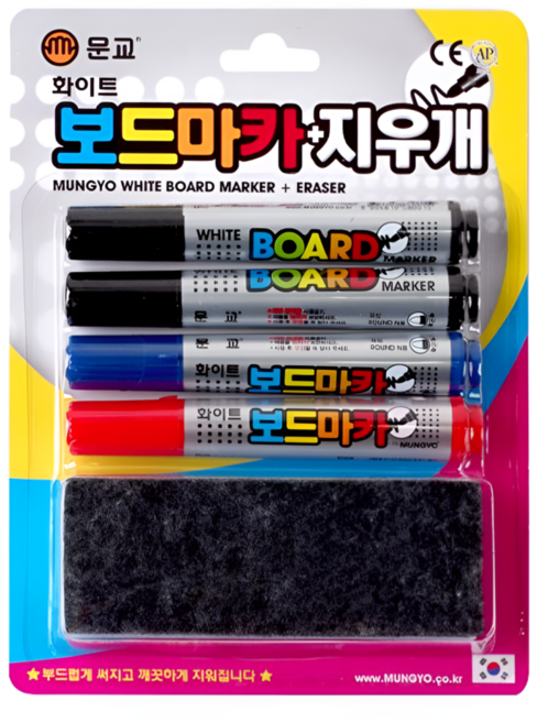 [글리즈] 문교 보드마카 4본+ 지우개 세트, 1세트, 블랙2+블루+레드