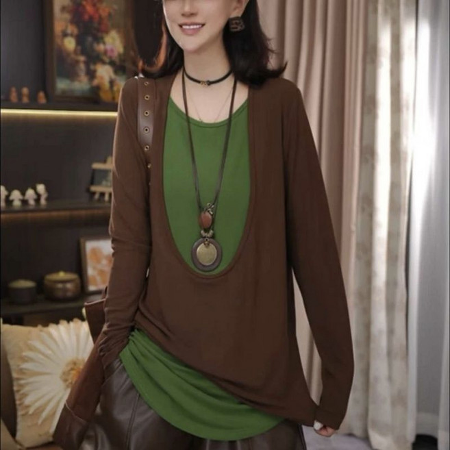 패션 패치워크 레이어드 긴팔티 편안한 언발 티셔츠 슬림핏 간절기 배색 롱티