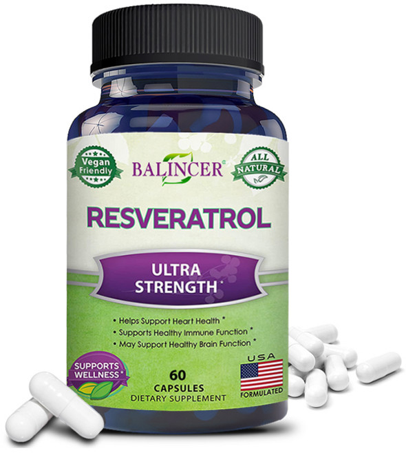 100% 천연 레스베라트롤 - 1회 제공량당 최대 강도 1000mg 항산화 보충제 트랜스-레스베라트롤 심장 건강 및 면역 기능 뇌 기능 지원, 60회분, 1개