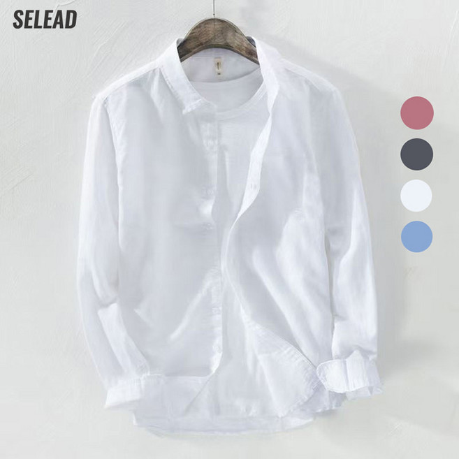 SELEAD 남성 베이직 린넨 단추 셔츠 긴팔 캐주얼 티셔츠 루즈한 다림질 프리 비즈니스 셔츠입니다 봄 여름 상의 자외선 차단복 회색 백색 남색