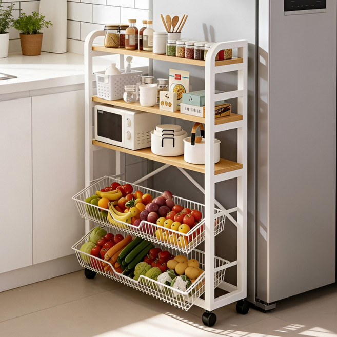 소프트엣지 이동식 렌지대 주방 수납장, 우드+화이트 프레임, 3단