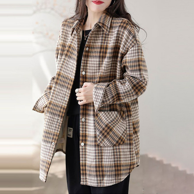 ROYALBELLE 여성 카라넥 긴팔 언밸런스 밑단 기모 보온 배색 체크 하프기장 셔츠 Z0103103