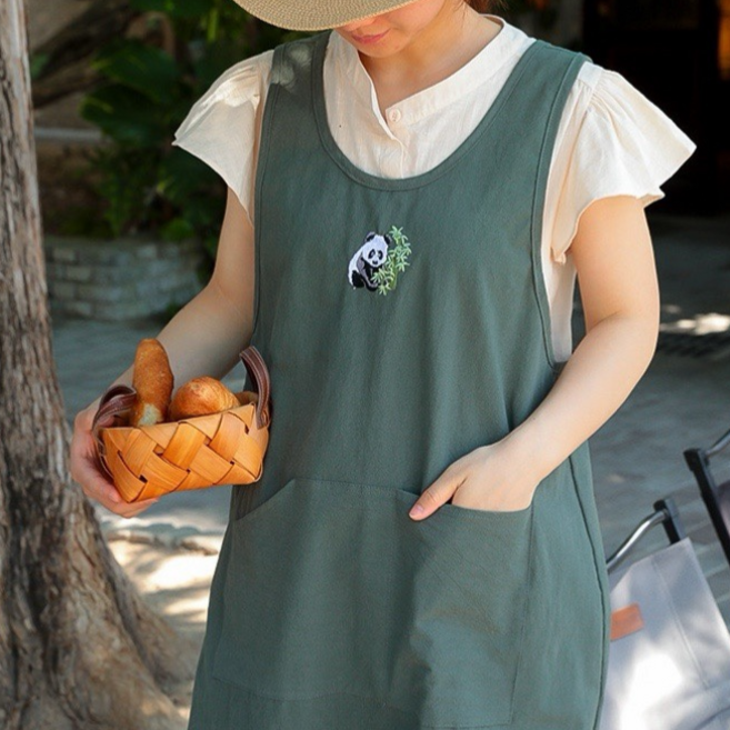 YUYIMI 자수 가벼운 앞치마 빈티지 심플 앞치마, 1개, 그린