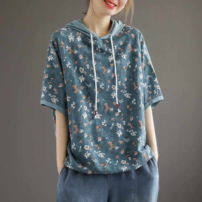 라부라카 예쁜 중년 여성 여름 후드반팔티 캐주얼 티셔츠 플라워 반팔후드티 B242