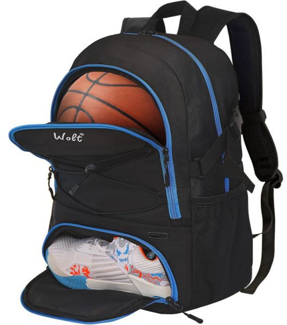 WOLT 농구 축구 배구 수영 체육관 여행오렌지에 가장 적합한 볼 홀더 및 신발 수납공간이 별도로 있는 백팩 대형 스포츠 가방, 지퍼 블루