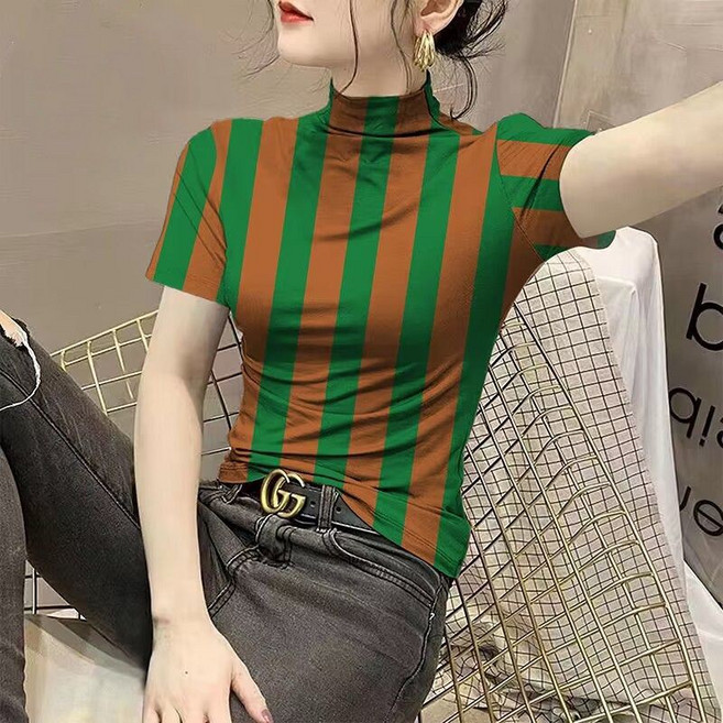 여성 반팔 반폴라티 봄 여름 패션 프린트 이너 티셔츠 상의 캐주얼 슬림핏 여자 반목 반팔티 wmy