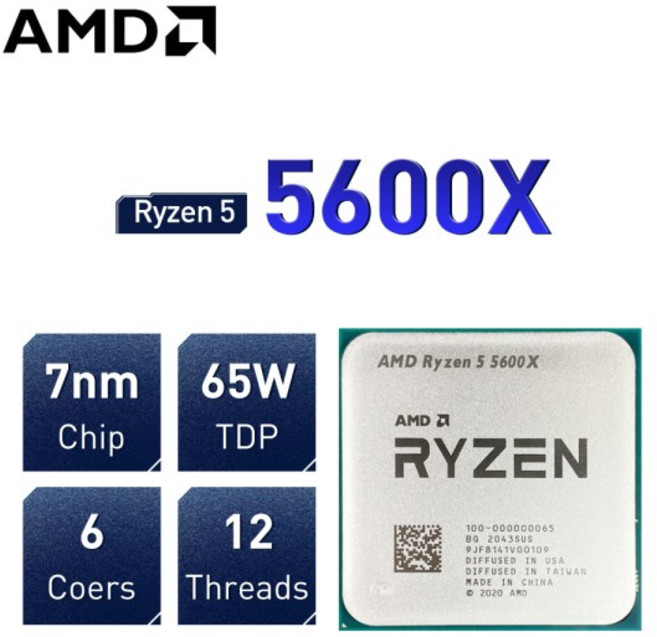 AMD 라이젠 5 5600X 3.7GHz 6코어 12스레드 CPU 프로세서 7NM L3=32M 100-000000065 새 제품 소켓 (쿨러 미