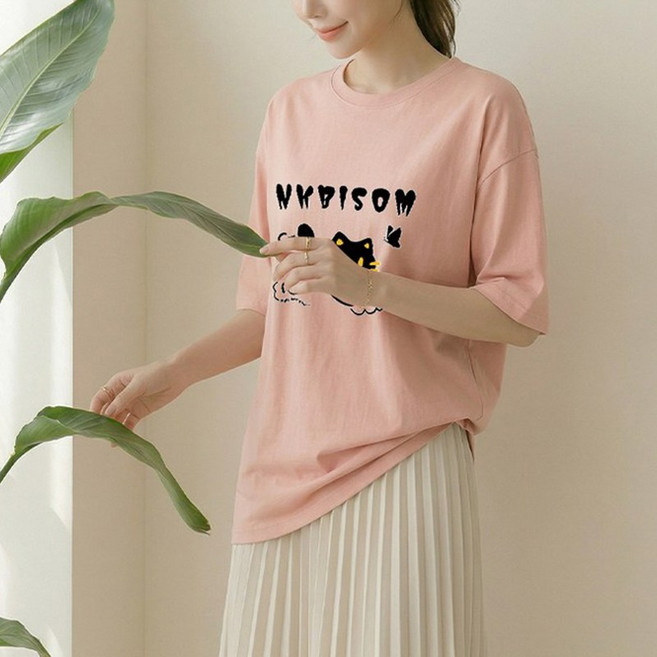 1장 (2장세트 장당7450) 스타일아유 여성 여름 오버핏 반팔 티셔츠 냥이 블랙캣 캐릭터 빅프린트 루즈핏 롱박스티 TS3931