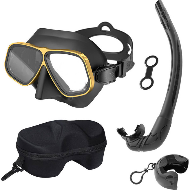 플로디 프리다이빙 유리 마스크 스노클 세트, 블랙/골드