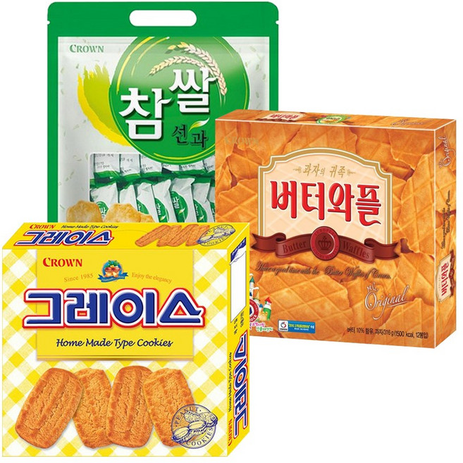 크라운 버터와플 316g 그레이스 298g 참쌀선과 253g, 1세트, 867g