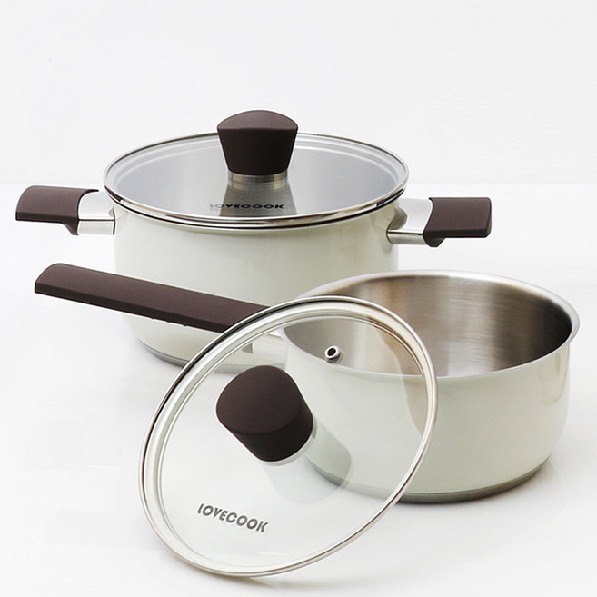 러브쿡 인덕션 스텐 냄비세트, 1세트, 편수냄비16cm+양수냄비18cm, 크림