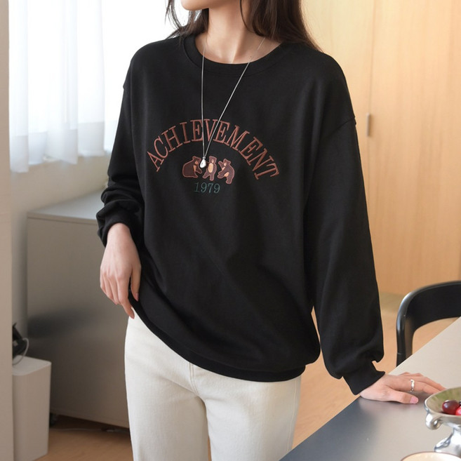 데일리앤 쿠키 여성 봄 맨투맨 자수 곰돌이 레터링 면 루즈핏 긴팔 티셔츠