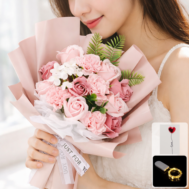 ORVIA 로맨틱 LED 비누꽃 장미 꽃다발 졸업선물 생일 기념일선물 쇼핑백 카드 포함, 핑크, 1개