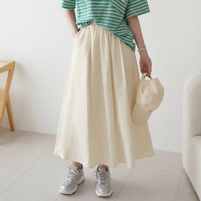 데일리앤 플라코 밴딩 a라인 롱스커트 플레어 치마 봄 여름 가을