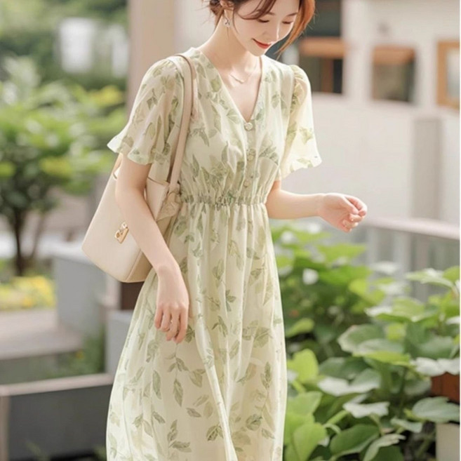 여성 반팔 쉬폰 원피스 슬림핏 여자 바캉스룩 치마 스커트 봄 여름 기질 브이넥 쉬폰 원피스 CY