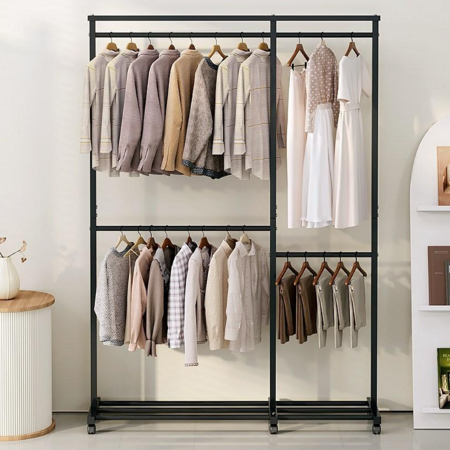 투에스리빙 철제 스텐드 이동식 2단 행거, 블랙A