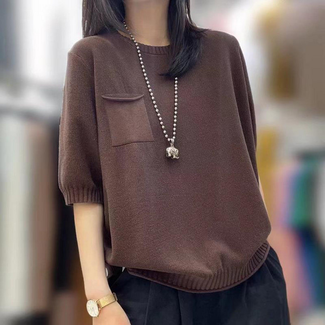 패션 중년 여성 라운드 티셔츠 빅사이즈 루즈핏 반팔 니트 5부 소매 티셔츠 여름 여성 반팔티 상의 YSQ