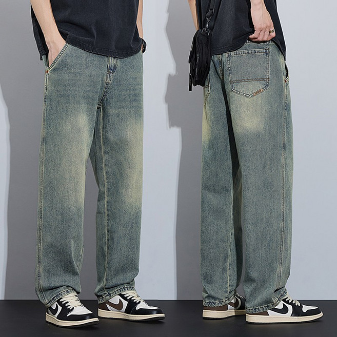 wassup 남자 청바지 빈티지 워싱 와이드 청바지 빅싸이즈