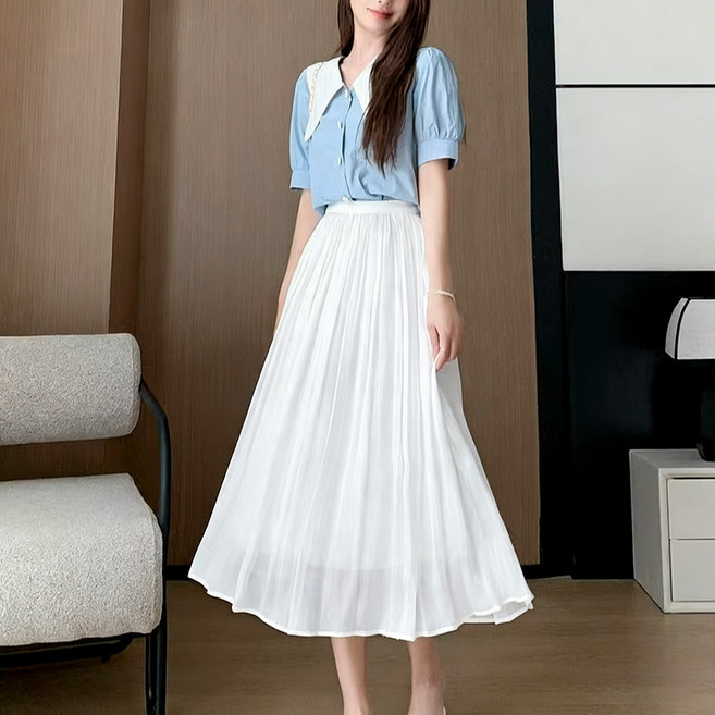 오션마인 여성 여름 쉬폰 밴딩 롱치마 레이스스커트 실크스커트 빛이 있는치마