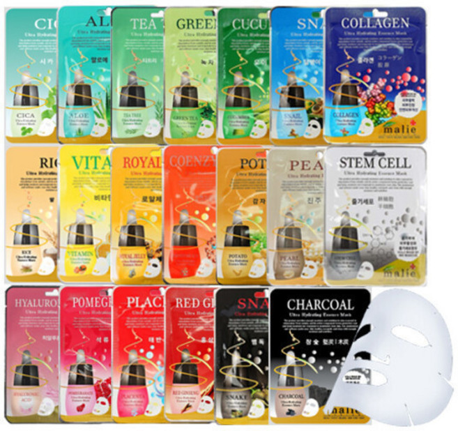 마리에 에센스 마스크팩 20ml x 100매 BEST 묶음 콜라겐 비타민 오이 알로에 줄기세포 진주 석류 스네일 녹차 홍삼, 10개, 10개입