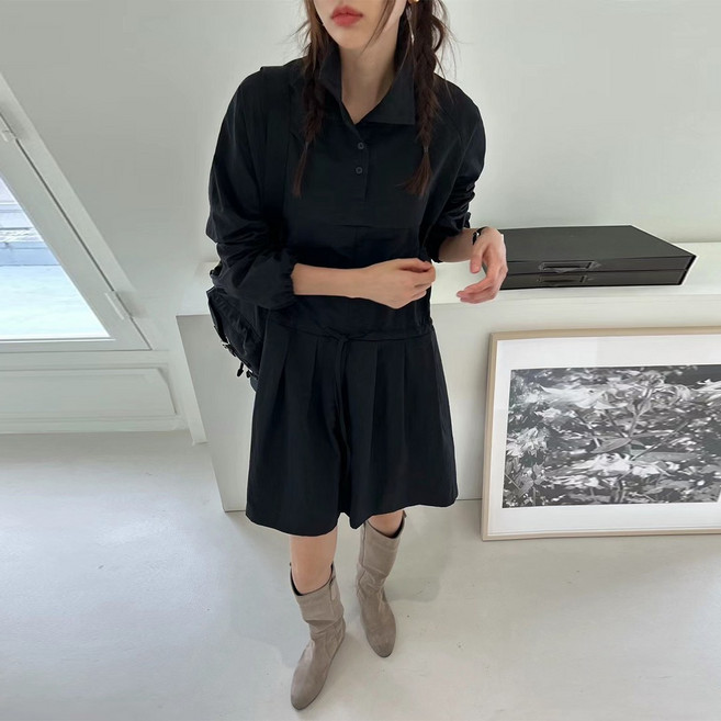 러우 바스락 하이넥 플레어 허리끈 바람막이 미니 원피스