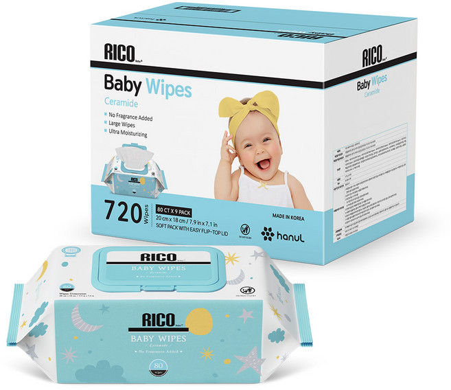 리꼬 두툼한 엠보싱 아기물티슈 캡형 80매x9팩, 9개, 80매, 65g