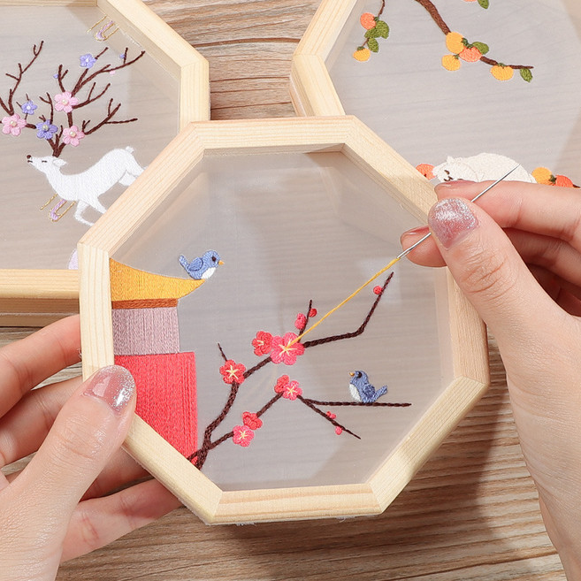 蘇繡刺繡diy手工自繡團扇材料包繡品初學者擺件戳戳繡繡花自己繡, 喜上眉梢材料包 繡繃 框, 1個