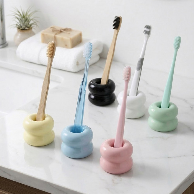 뚱카롱 도자기 무타공 홀더 보관함 칫솔꽂이 칫솔거치대, 1개, 애플 민트