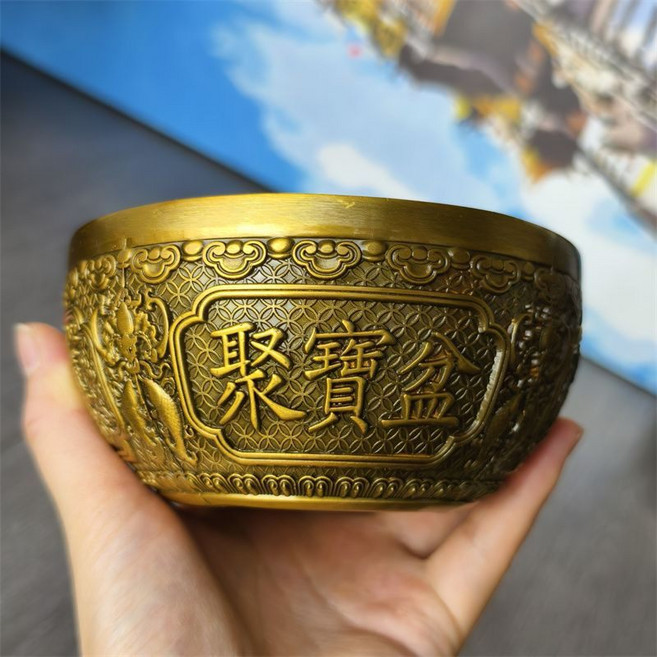 黃銅聚寶盆擺件 浮雕麒麟雲紋 內壁鎏金 家居客廳店鋪裝飾, 如圖所示