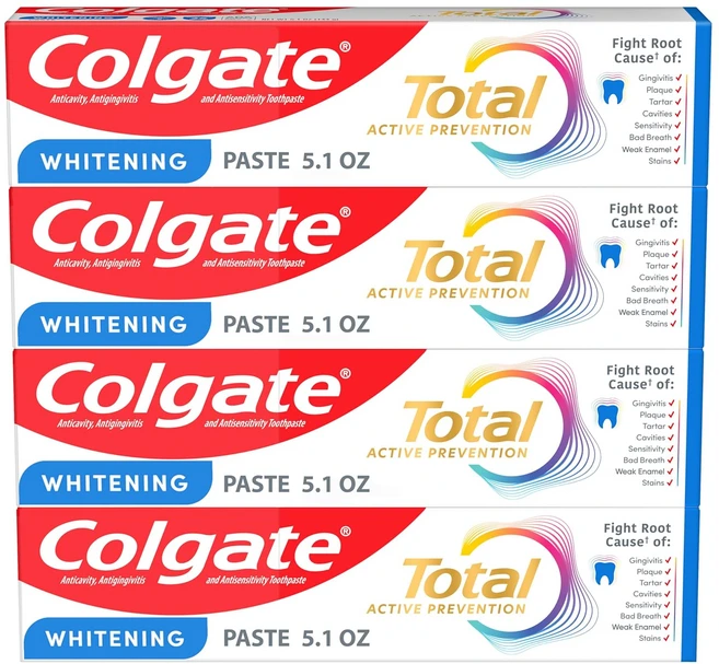 Colgate Total Active Prevention 화이트닝 페이스트 치약 불소 함유 24시간 플라크 박테리아 예방 임상 입증 민트 144g 4개 - 쿠팡