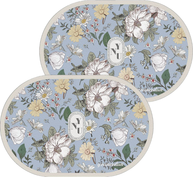 유니드언 양면 가죽 플라워 식탁 테이블 방수 매트, 목련 블루, 45 x 30cm, 2개