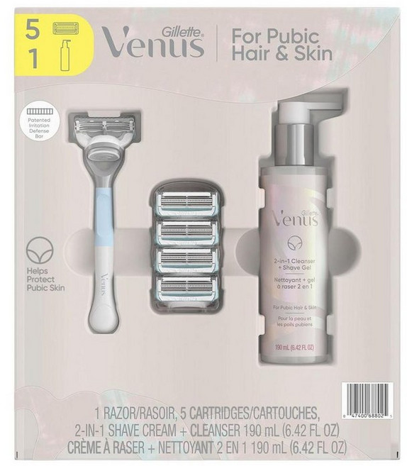 질레트 비너스 포 퓨빅 헤어 앤 스킨 쉐이빙 세트, 1개, 면도기 핸들 + 면도날 5p + 쉐이브젤