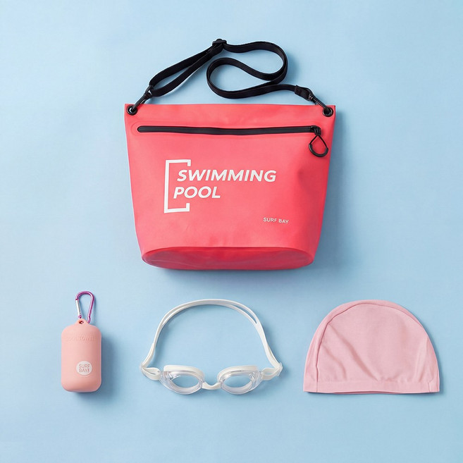 서프베이 방수 어린이 생존수영세트 가방+수모+수경+타월, 1세트, 핑크WH