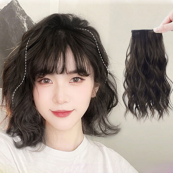 미즈코스 1+1 웨이브 옆머리 부분가발 헤어피스 S컬 중단발 물결 펌 붙임머리, 1개, 25cm+35cm 다크브라운