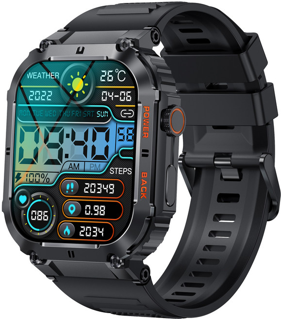 RichMagic K57PRO 1.96인치 아웃도어 방진 스마트워치 블루투스통화 음성비서 GPS IP68 방수 스포츠워치 49mm, 블랙, 49cm, GPS + 블루투스