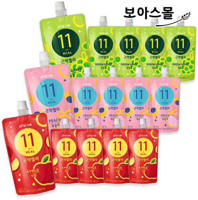 [보아스몰] 빙그레 곤약젤리 130g 청포도 x 5개 + 복숭아 x 5개 + 사과 x 5개