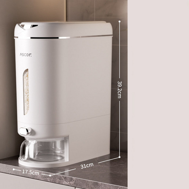 원터치 쌀통 방충 방습 쌀보관용기 계량컵 포함 가정용 쌀보관통 주방 보관용기 잡곡통 LPC, 1개, 그레이