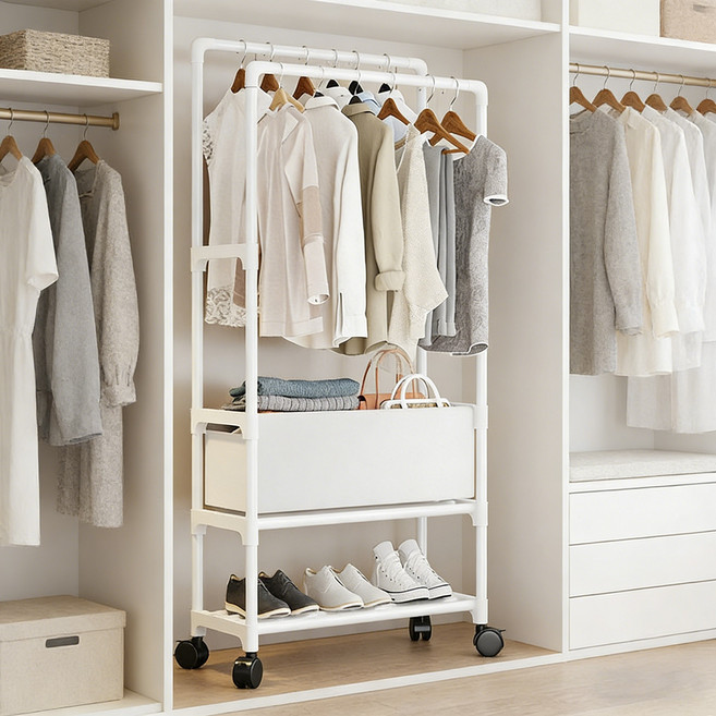 호밍사이 튼튼한 철제 이동식 행거 2단 대용량 수납 옷걸이 스탠드, 화이트