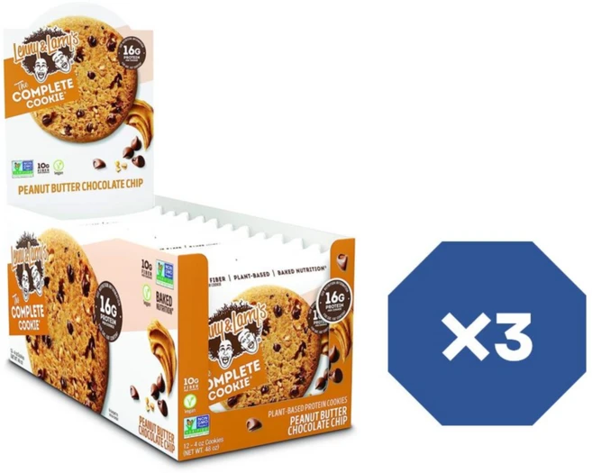 Lenny & Larrys The Complete Cookie 땅콩 버터 초콜렛 칩 4oz 1팩에 12개입 X3 식물성 단백질 비건 쿠키 - 쿠팡