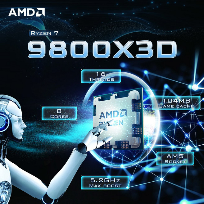 AMD 라이젠 8코어 DDR5 9800X3D 7GHZ 16스레드 제품 120W AM5 프로세서 L3 소켓 R7 96M 4NM