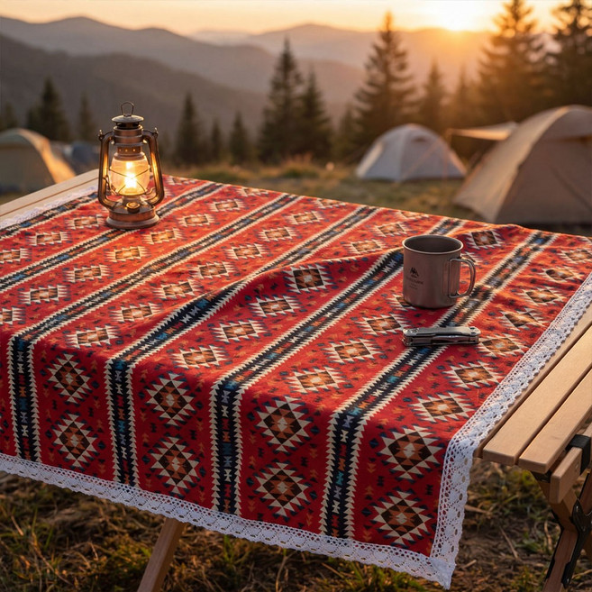 유스몰 보헤미안 패턴 레이스 아웃도어 캠핑 피크닉 테이블보, 레드