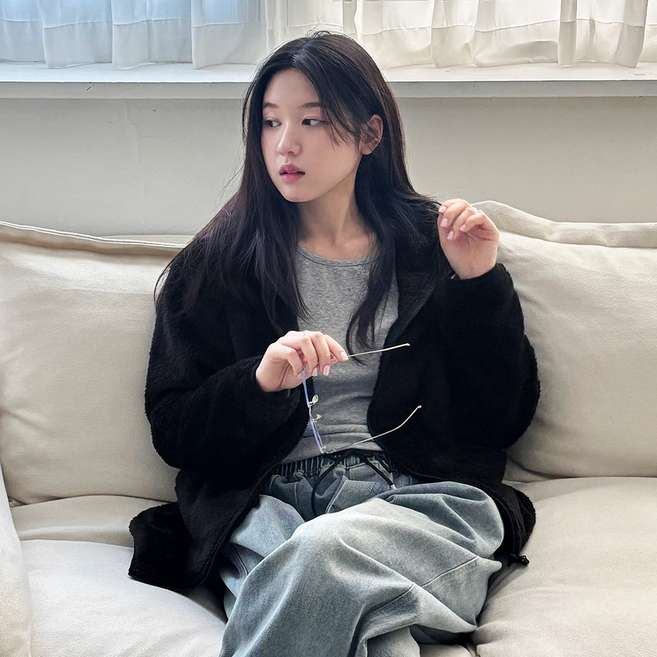 멋지군 오버핏 남녀공용 후드 털 플리스 후리스 양털 자켓 데일리 아우터