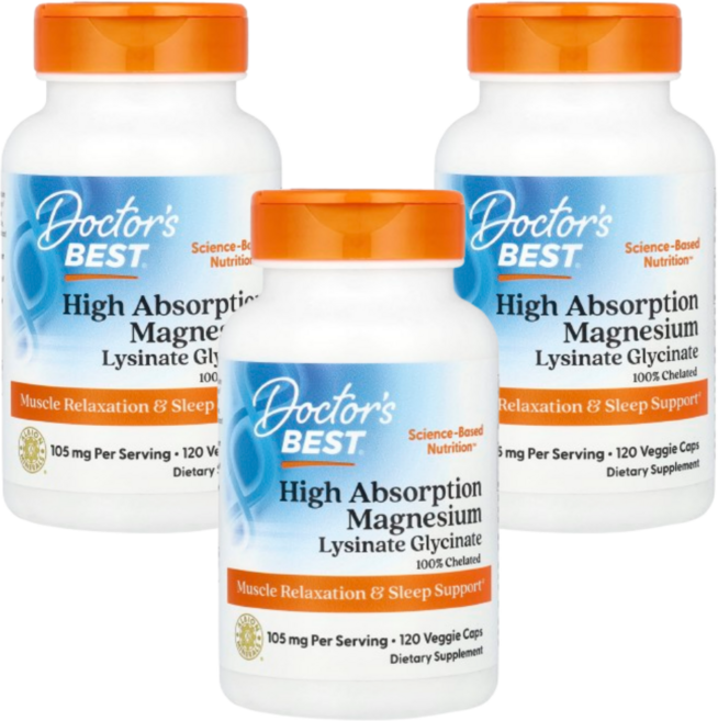 닥터스베스트 100% 킬레이트 고흡수 마그네슘 글리시네이트 52.5mg 120캡슐 3개, 120정