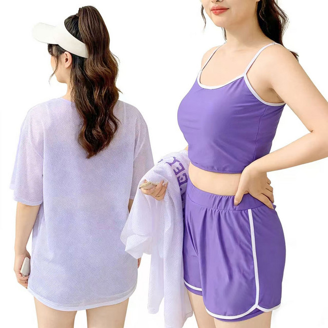 Modern Fashion 체형커버 여성 3종 세트 수영복 반팔 나시 반바지 사각수영복 MX07, 퍼플