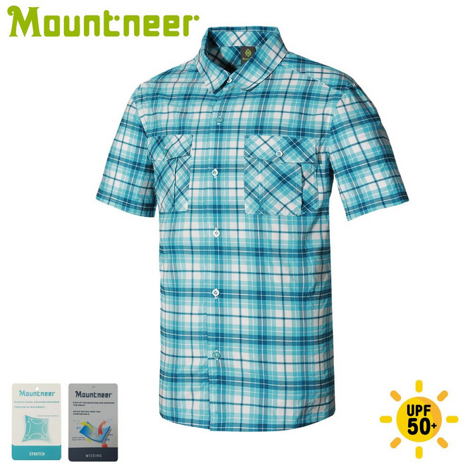 [現貨] Mountneer 山林 男 彈性抗UV格子襯衫《OceanGreen》/31B01/短袖襯衫/防曬襯衫