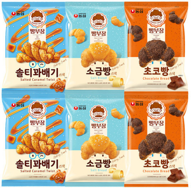 농심 빵부장 솔티꽈배기55g+소금빵55g+초코빵 55g, 1세트, 각2개(총6개)
